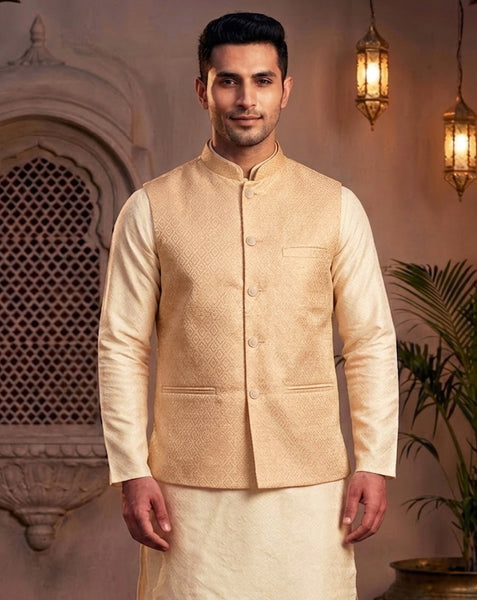 Stylish Peach Brocade Nehru Jacket Set for Men By Treemoda