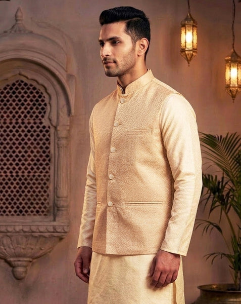 Stylish Peach Brocade Nehru Jacket Set for Men By Treemoda