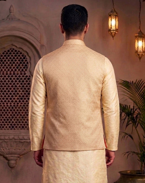 Stylish Peach Brocade Nehru Jacket Set for Men By Treemoda