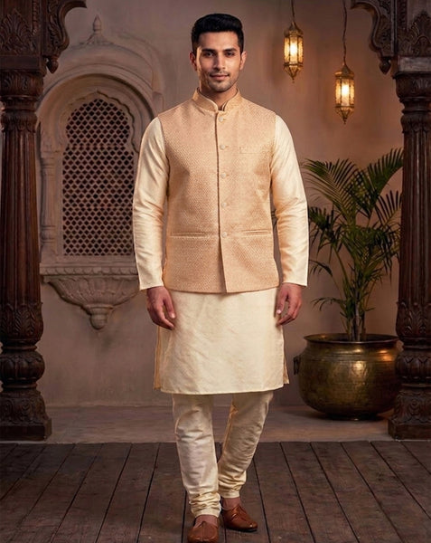 Stylish Peach Brocade Nehru Jacket Set for Men By Treemoda