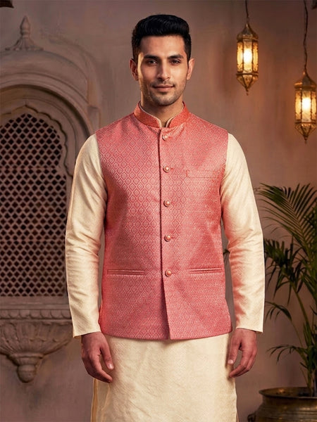 Premium Pink Brocade Nehru Jacket for Men By Treemoda