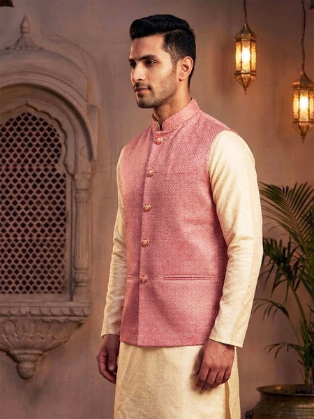 Premium Pink Brocade Nehru Jacket for Men By Treemoda