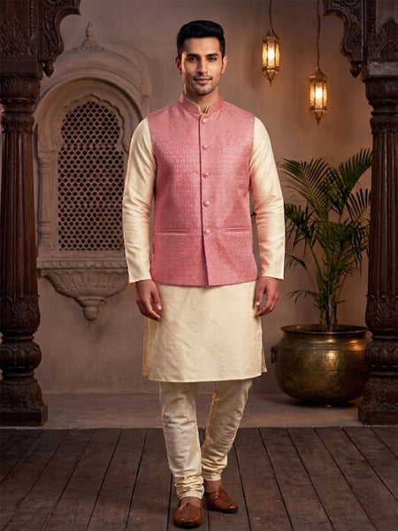 Premium Pink Brocade Nehru Jacket for Men By Treemoda
