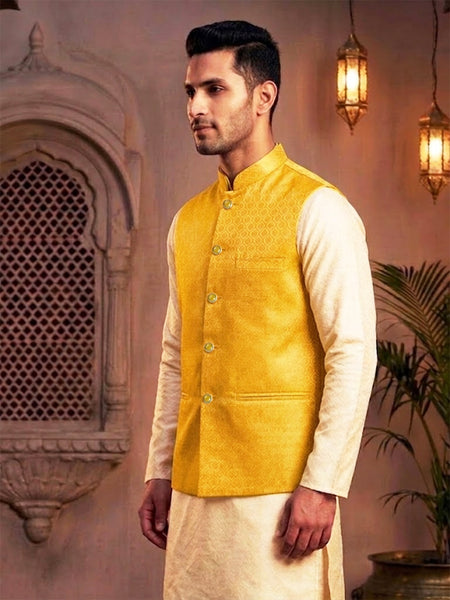 Elegant Yellow Brocade Nehru Jacket Set for Men By Treemoda