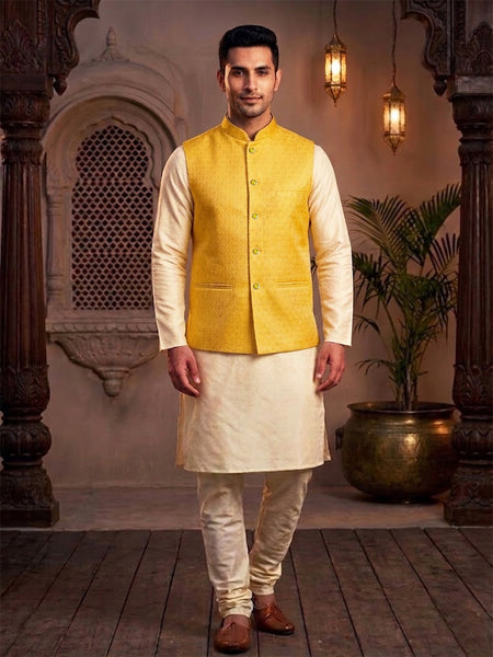 Elegant Yellow Brocade Nehru Jacket Set for Men By Treemoda