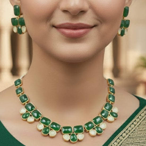 Golden Plated Precious Stone Necklace Set with Green Quartz & Pearl Drops