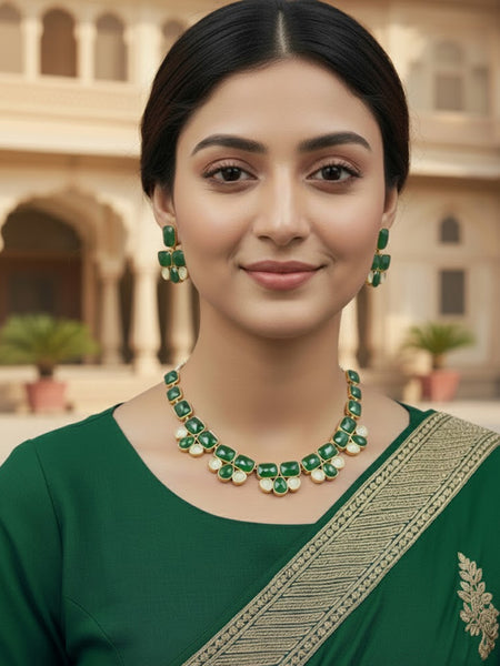Golden Plated Precious Stone Necklace Set with Green Quartz & Pearl Drops