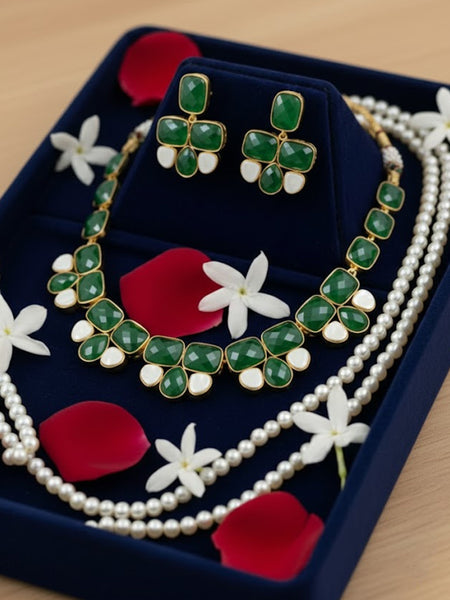 Golden Plated Precious Stone Necklace Set with Green Quartz & Pearl Drops
