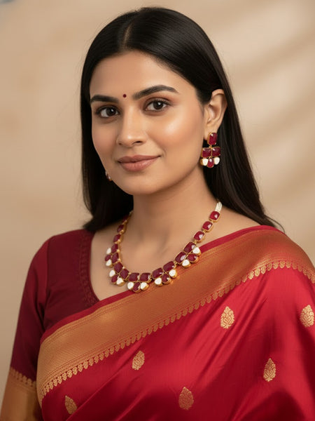 Golden Plated Precious Stone Necklace Set in Red Strawberry Quartz & Amethyst Finish