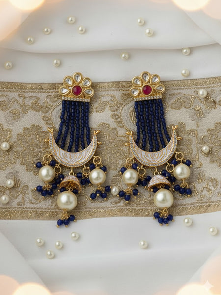 Royal Golden Plated Moissanite Polki Necklace Set with Pearl & Bead Detailing