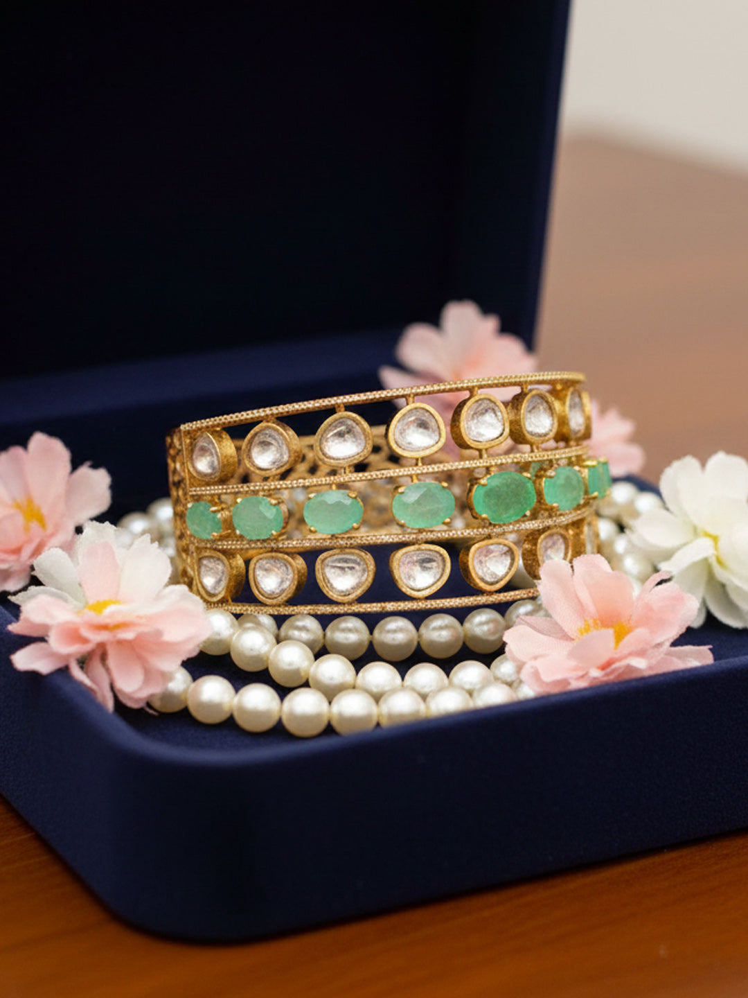 Luxury Golden Plated Brass Kada Set with Doublet Stones