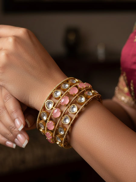 Luxury Golden Plated Brass Kada Set with Doublet Stones