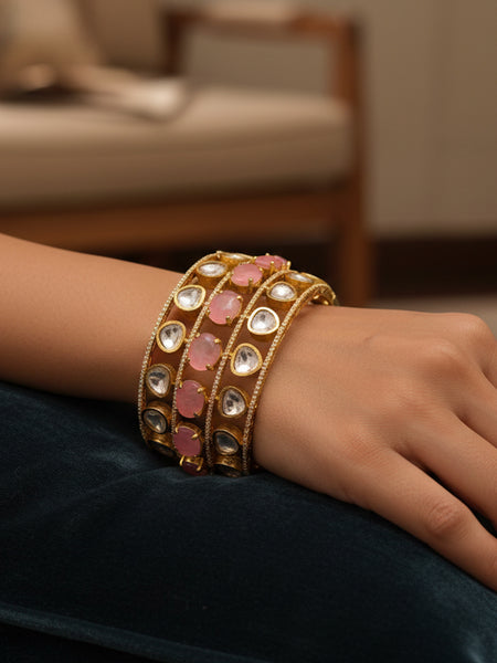 Luxury Golden Plated Brass Kada Set with Doublet Stones