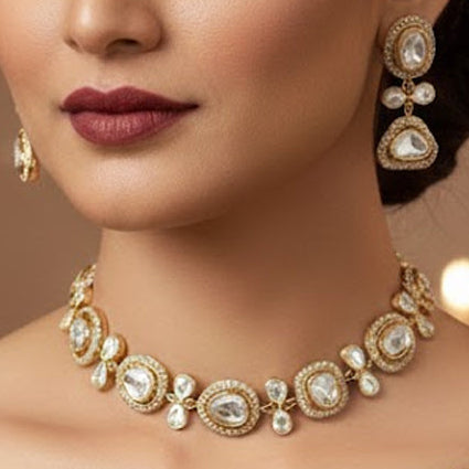 Classic Polki Necklace Set with Sparkling Moissanite Stones