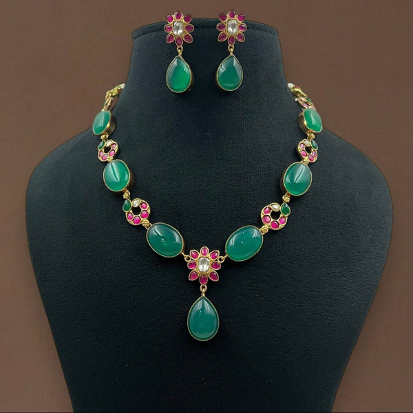 Regal Emerald & Ruby Stone Necklace Set with Floral Accents