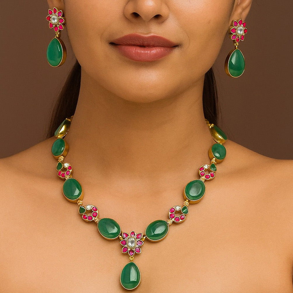 Regal Emerald & Ruby Stone Necklace Set with Floral Accents