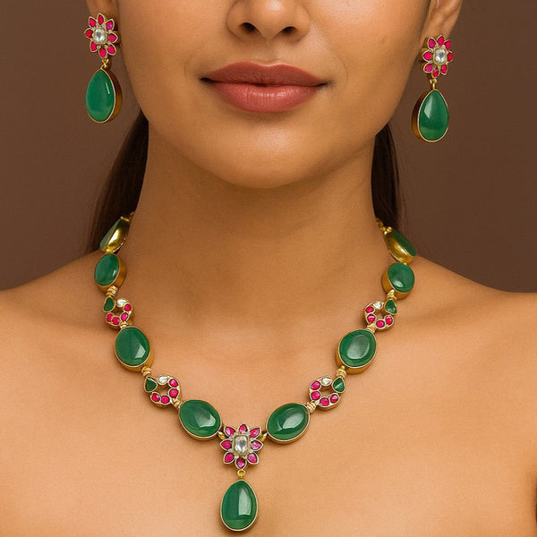 Regal Emerald & Ruby Stone Necklace Set with Floral Accents