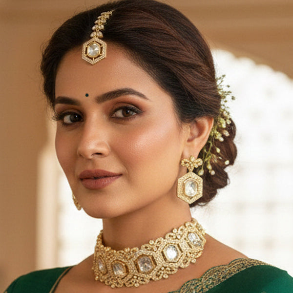 Golden Plated Moissanite Polki Choker with Matching Earrings & Ring