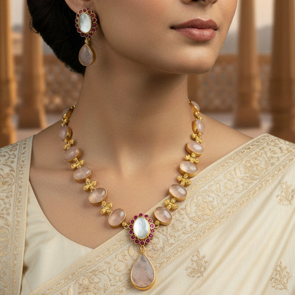 Semi-Precious MOP & Pink Quartz Necklace Set in Golden Finish