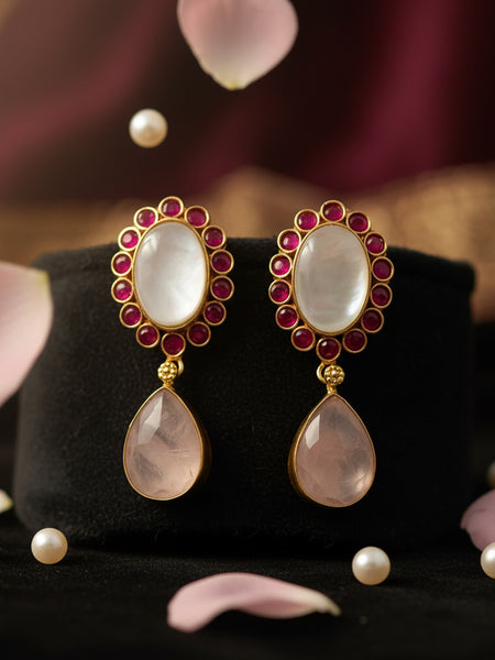 Semi-Precious MOP & Pink Quartz Necklace Set in Golden Finish