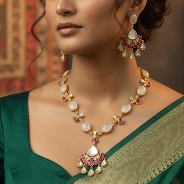 Golden Plated Semi-Precious Stone Necklace Set with Kundan Touch