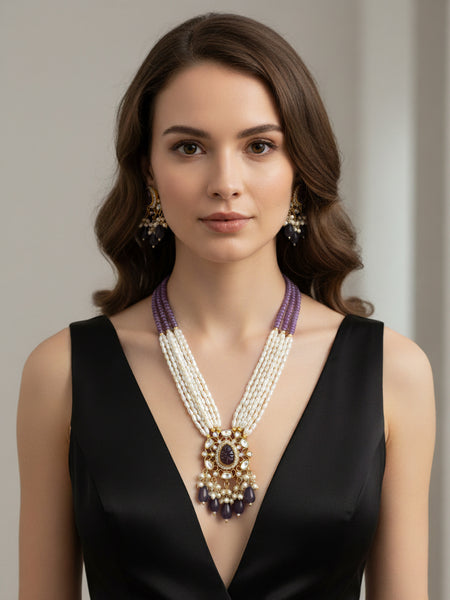 Golden Brass Multilayer Pearl Necklace with Purple Onyx & Polki  Necklace