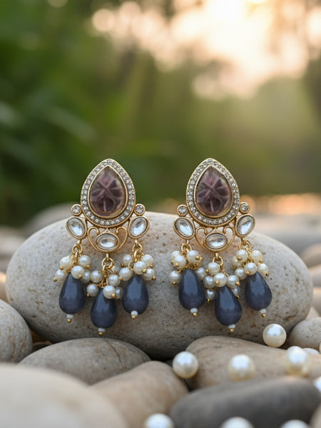 Golden Brass Multilayer Pearl Necklace with Purple Onyx & Polki  Necklace