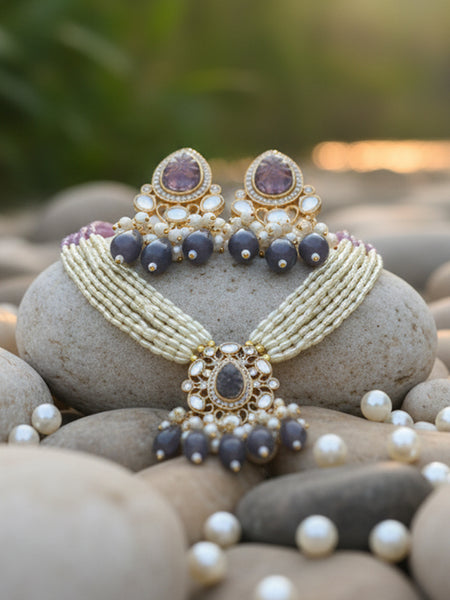 Golden Brass Multilayer Pearl Necklace with Purple Onyx & Polki  Necklace