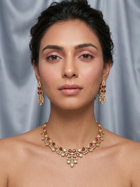 Classic AD Polki Necklace Set with Hydro Ruby Stones