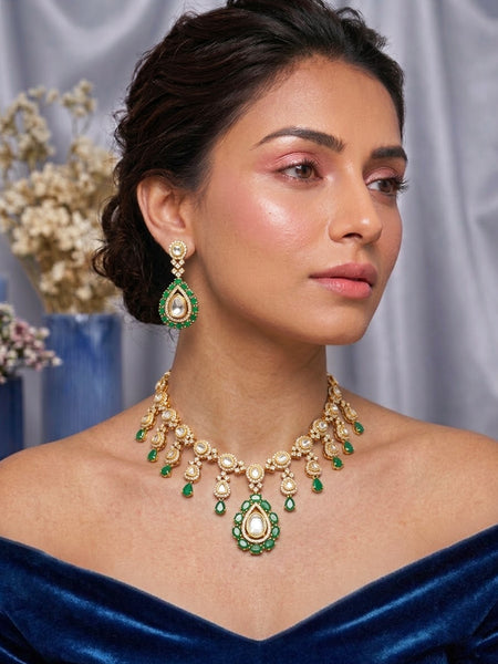 Classic Green AD Polki Necklace Set with Hydro Stones