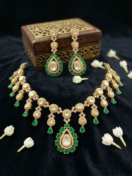 Classic Green AD Polki Necklace Set with Hydro Stones