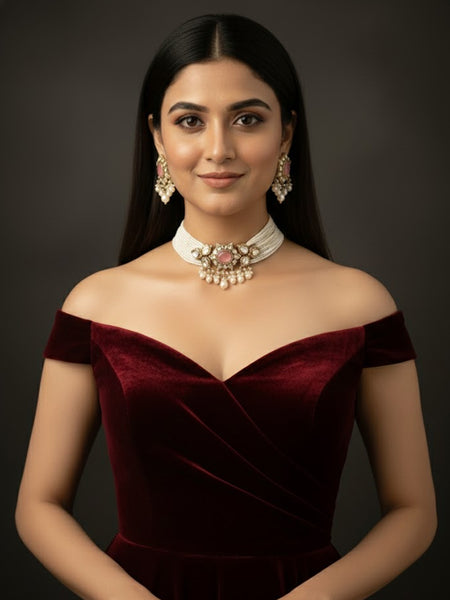 Victorian Polish Pearl Choker Set with Pink Doublets, Moissanite Polki & CZ