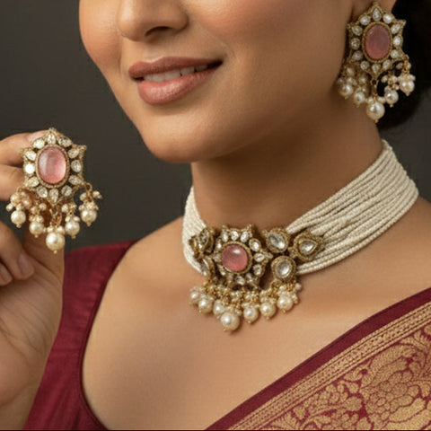 Victorian Polish Pearl Choker Set with Pink Doublets, Moissanite Polki & CZ