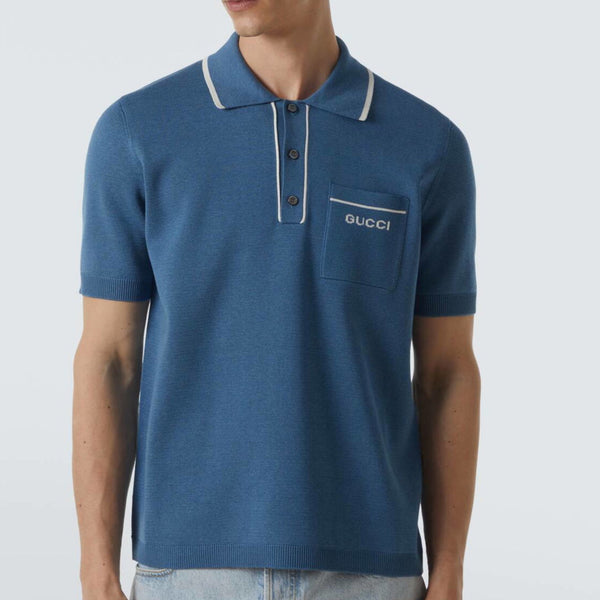 Men’s Blue Cotton Piqué Polo Shirt with Embroidered Pocket Logo