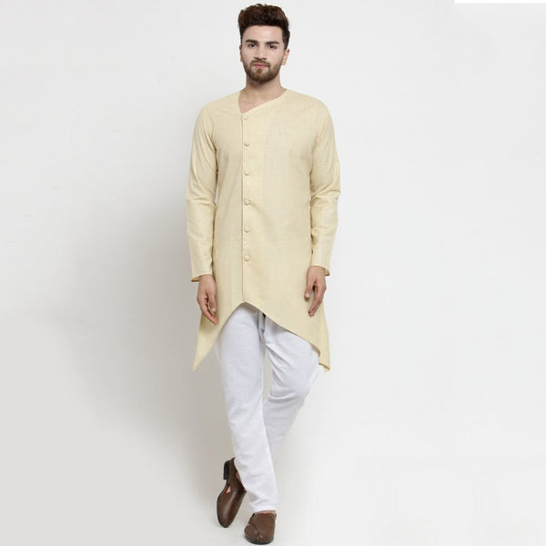 Designer Beige Linen Kurta With Aligarh Pajama For Men By Treemoda