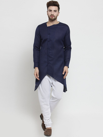 Designer Blue Linen Kurta With Chudidar Pajama For Men By Treemoda