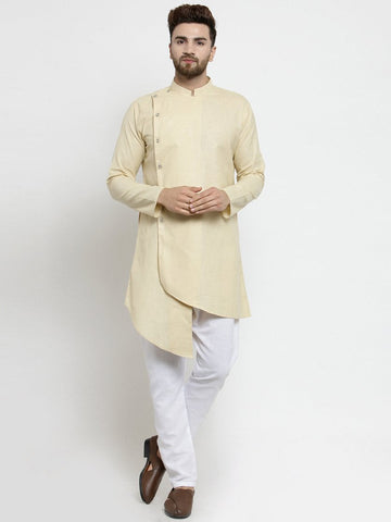 Designer Beige Linen Kurta With Aligarh Pajama For Men By Treemoda