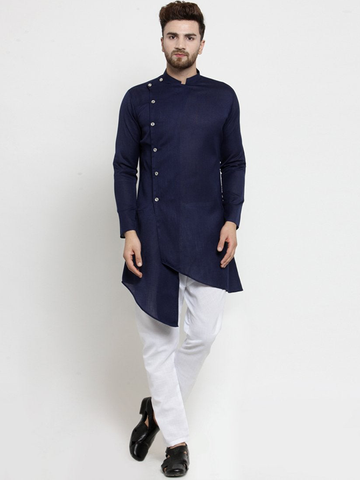 Designer Blue Linen Kurta With Aligarh Pajama For Men By Treemoda