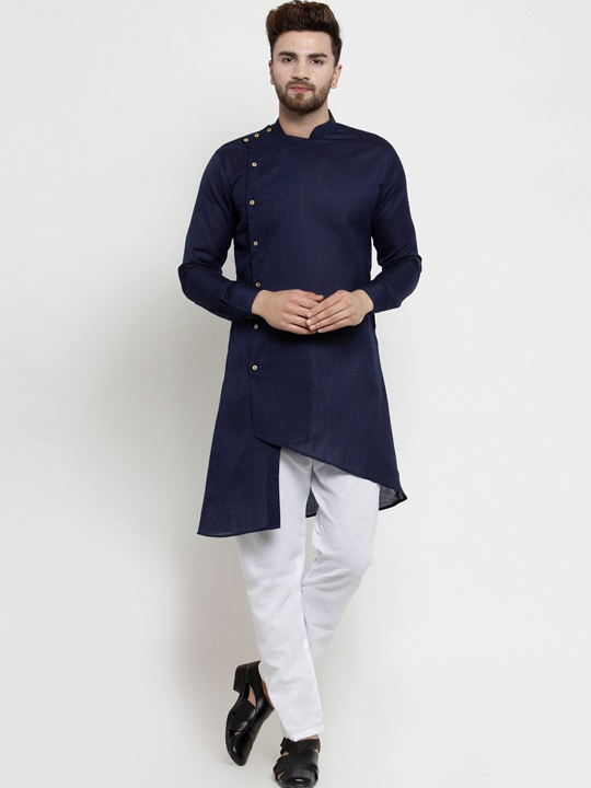 Designer Blue Linen Kurta With Aligarh Pajama For Men By Treemoda