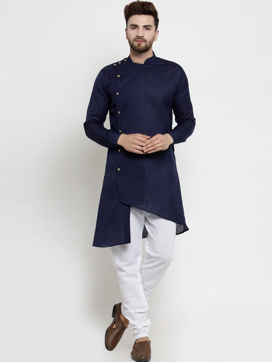 Designer Blue Linen Kurta With Chudidar Pajama For Men By Treemoda