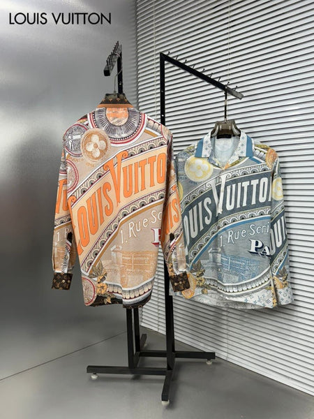 Premium brand men's long sleeve shirts in orange and blue colorways featuring 1 Rue Scribe Paris heritage graphic print with LV monogram pattern on display stands