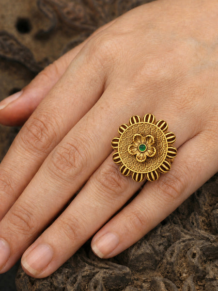 Traditional Floral Design Gold Tone Adjustable Ring for Women  Ethnic Statement Ring