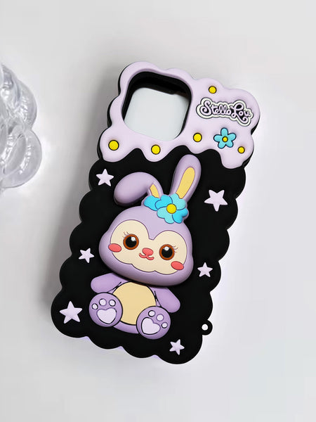 3D Rabbit Holder Cute Cartoon Soft Silicone Back Case for iPhone 12 ,13 14 and 15 Series