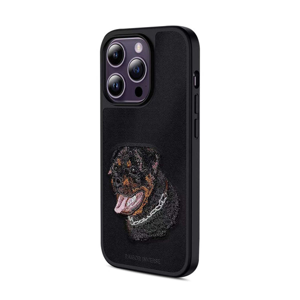 3D Embroidered Black Rottweiler Leather Case for iPhone 14 Series