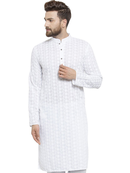 White Cotton Chikankari Lucknowi Jaal Embroidered Kurta By Treemoda