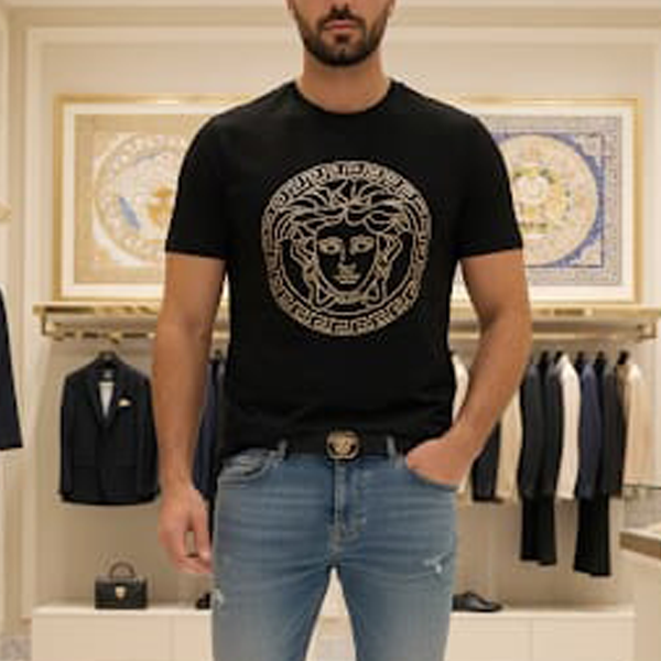 Premium Luxury Black Graphic T-Shirt – High-End Gold Emblem Design
