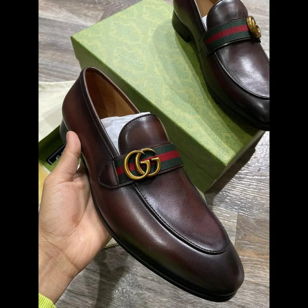 Dark Brown Leather GG Web Loafers