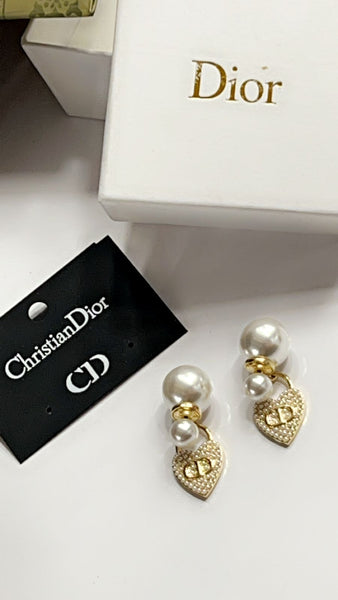 Pearl Bomber Studs With Golden CD Heart Drops