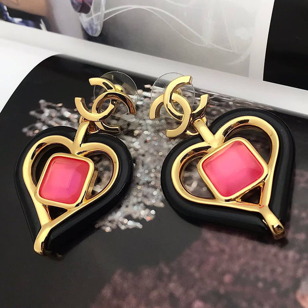 CC Gold Tone Heart Black Enamel Pink Resin Earrings