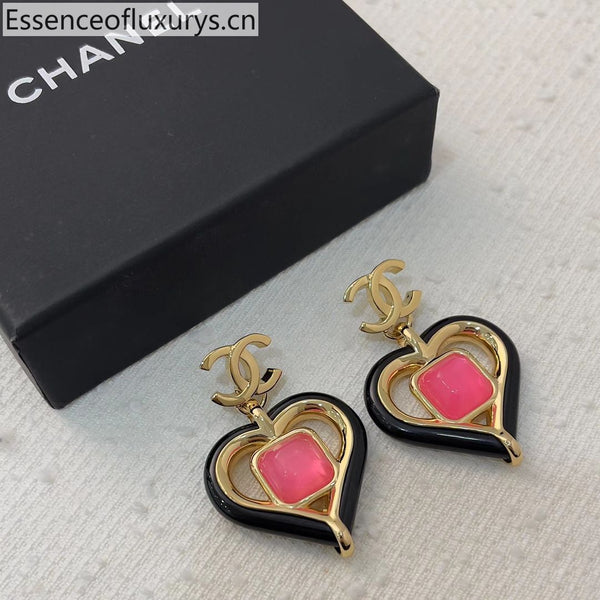 CC Gold Tone Heart Black Enamel Pink Resin Earrings